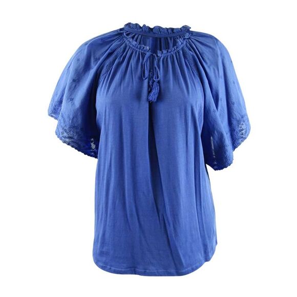 Lauren Ralph Lauren Women's Plus Eyelet Flutter-Sleeve Jersey Top (1X, Blue) - Picture 1 of 3